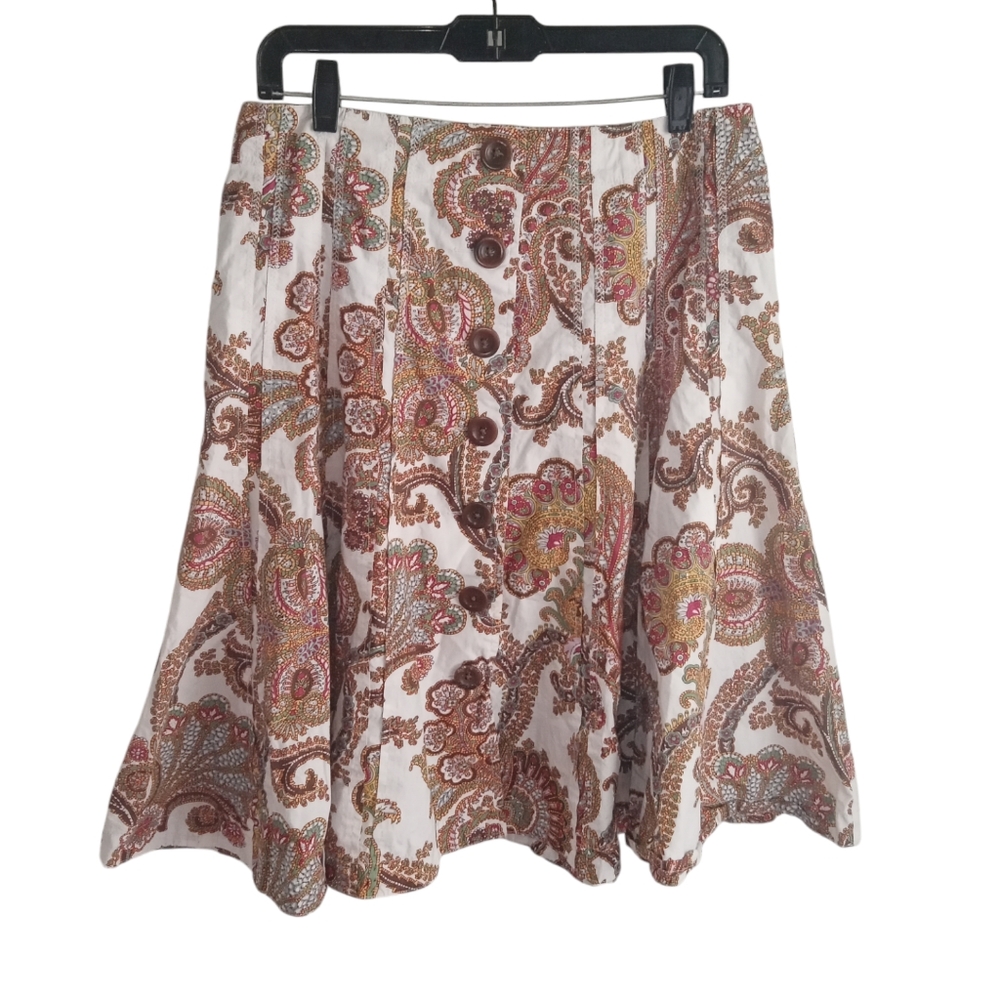 CAbi Paisley Boho Pleated Fit and Flare 100 % Cotton Midi Skirt Size 10